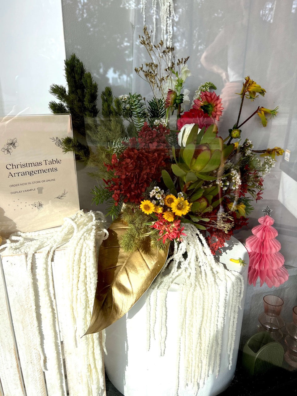 Red, White & Gold Christmas Flowers Table Arrangement