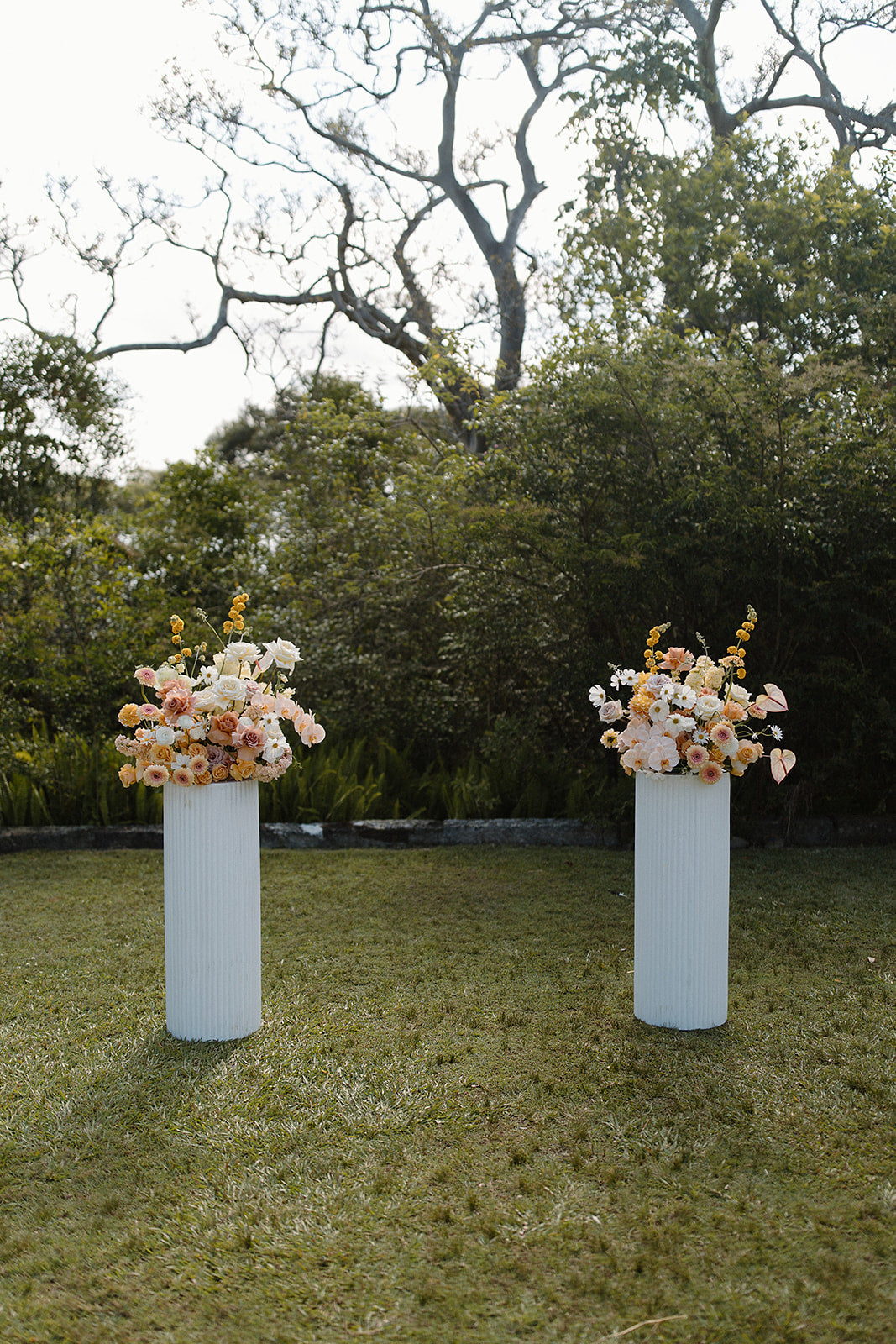 Pair of peach, lemon and blush arrangements on white plinths on the open lawn at Athol Hall, by Lime Tree Bower Florist